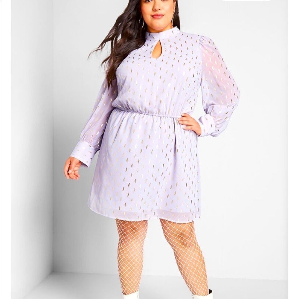 Chiffon lavender mock neck dress with gold accents